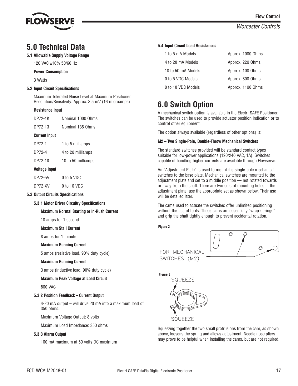 0 technical data, 0 switch option, Worcester controls | Flowserve Worcester Controls Electri-SAFE DataFlo User Manual | Page 17 / 28