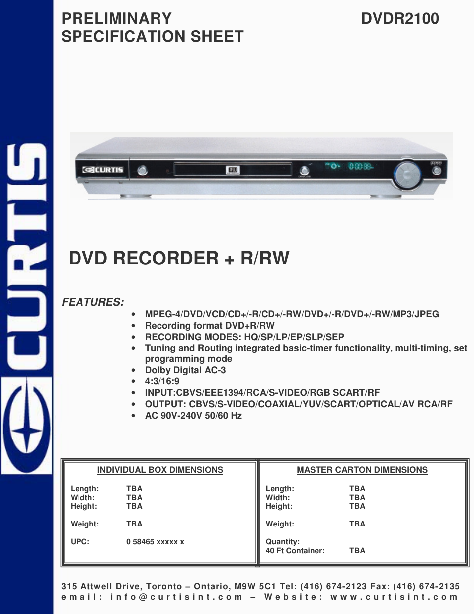 Curtis DVDR2100 User Manual | 1 page