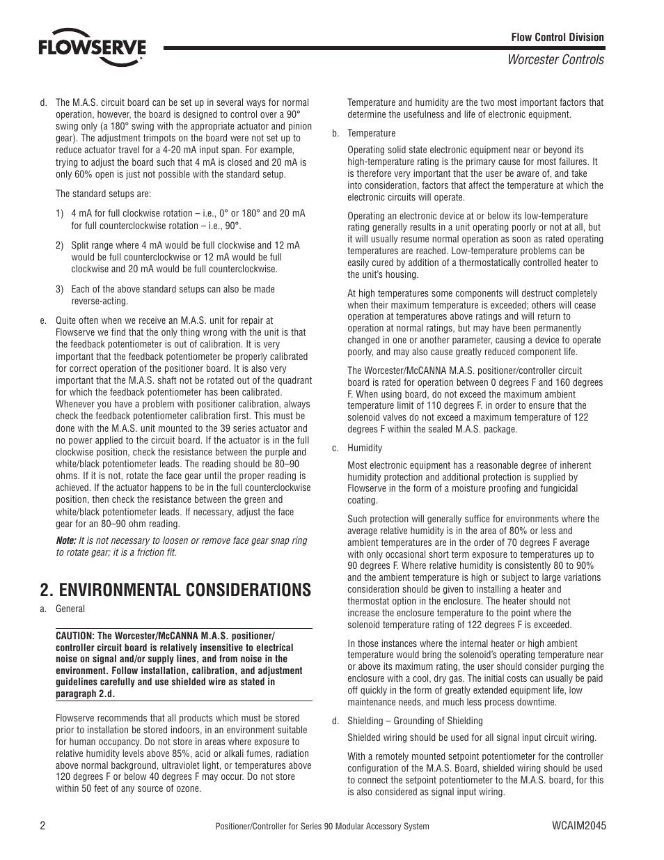 Environmental considerations, Worcester controls | Flowserve 90 Series Controller User Manual | Page 2 / 12