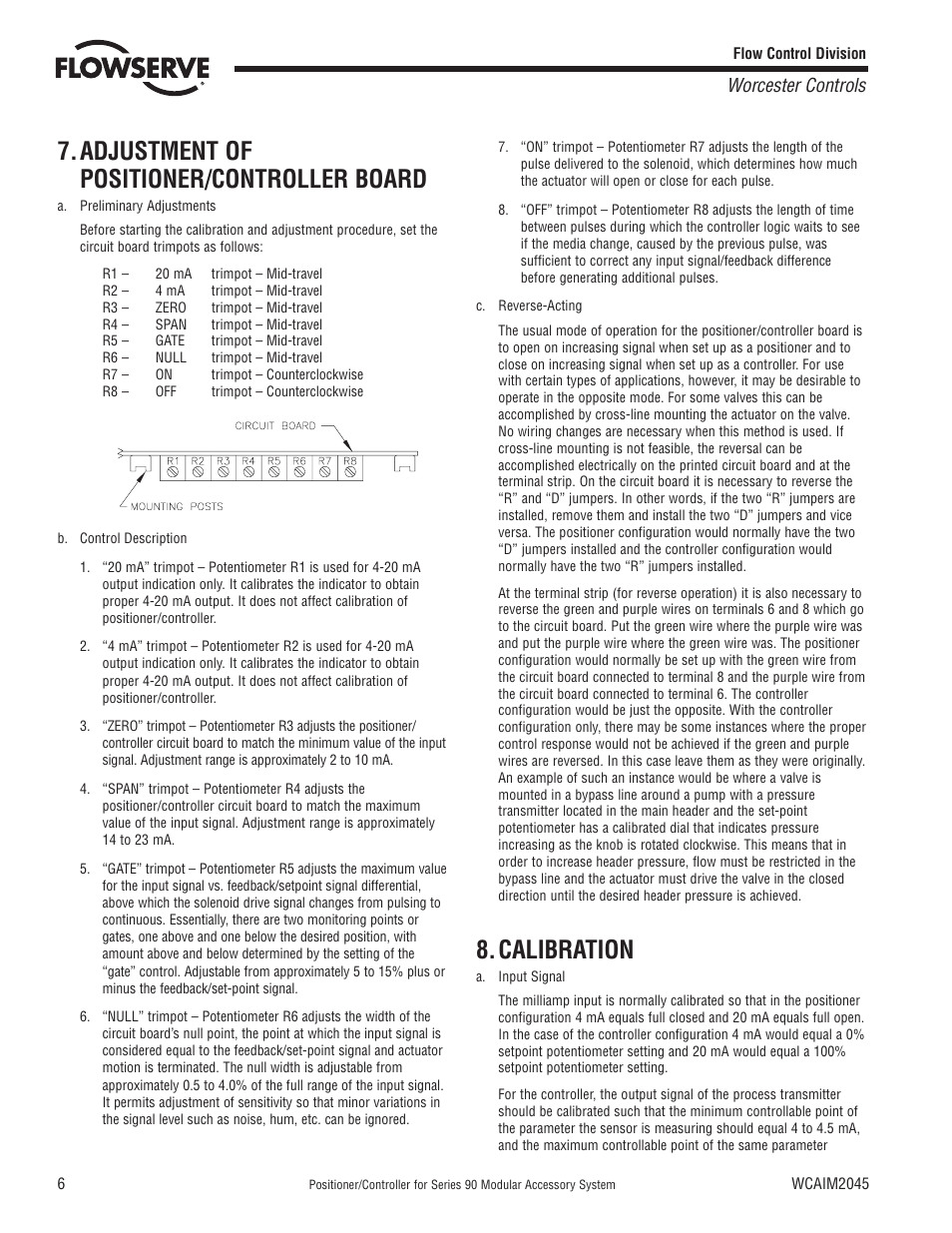 Adjustment of positioner/controller board, Calibration, Worcester controls | Flowserve 90 Series Controller User Manual | Page 6 / 12