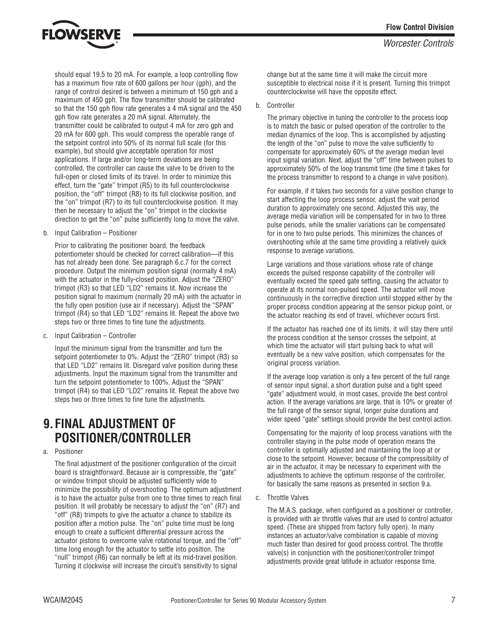 Final adjustment of positioner/controller, Worcester controls | Flowserve 90 Series Controller User Manual | Page 7 / 12