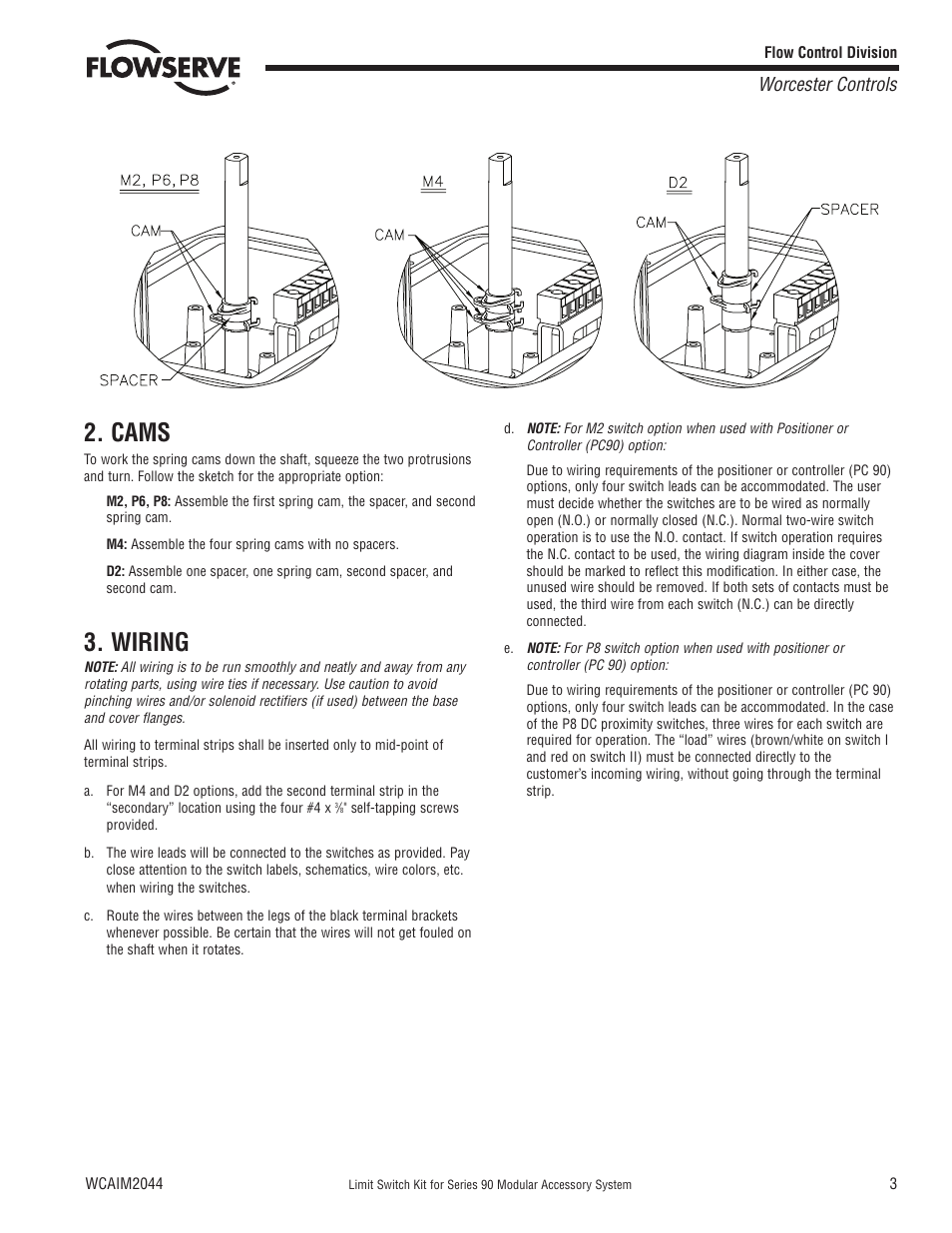 Cams, Wiring, Worcester controls | Flowserve 90 Series Limit Switch Kit User Manual | Page 3 / 8