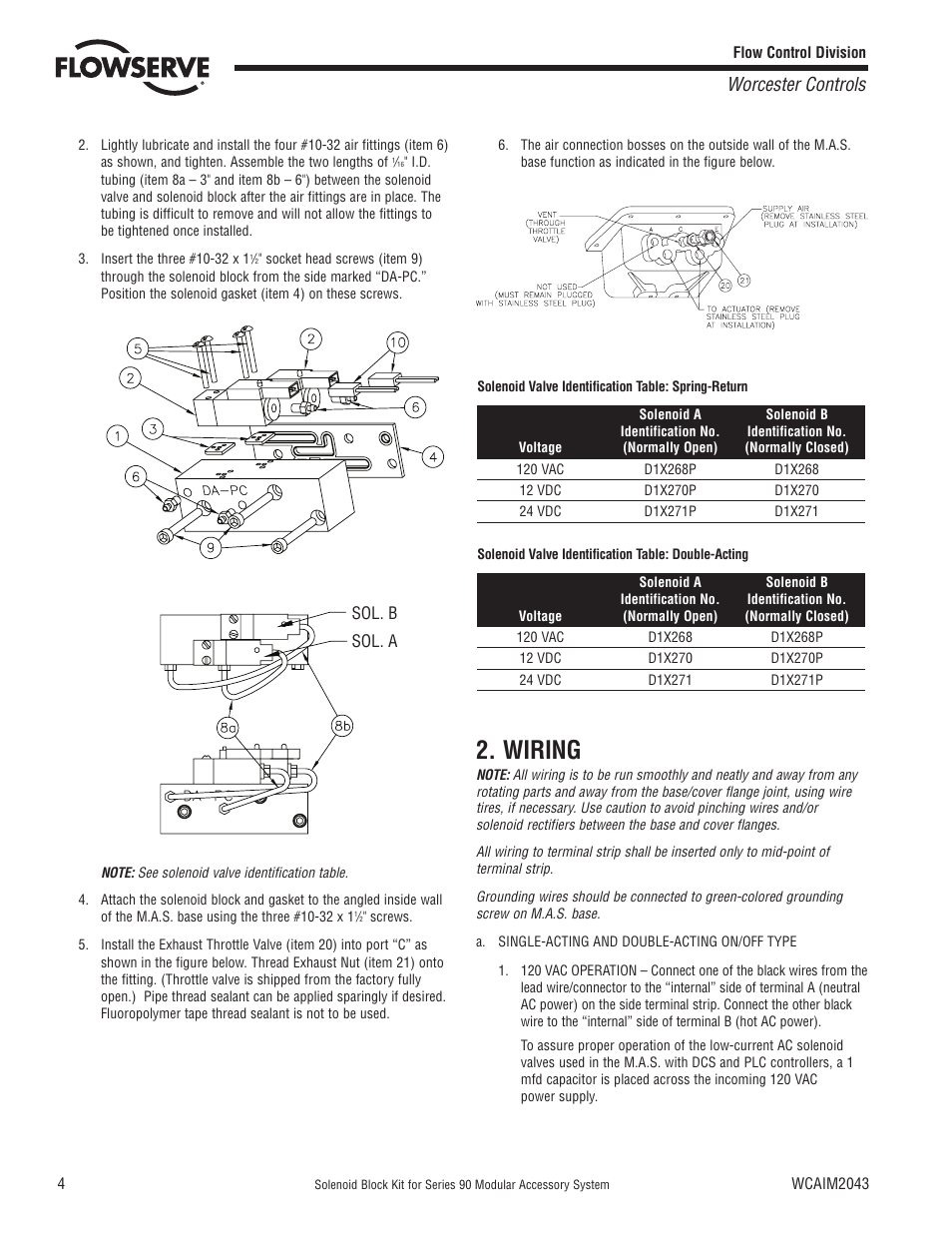Wiring, Worcester controls | Flowserve 90 Series Solenoid Block Kit User Manual | Page 4 / 8