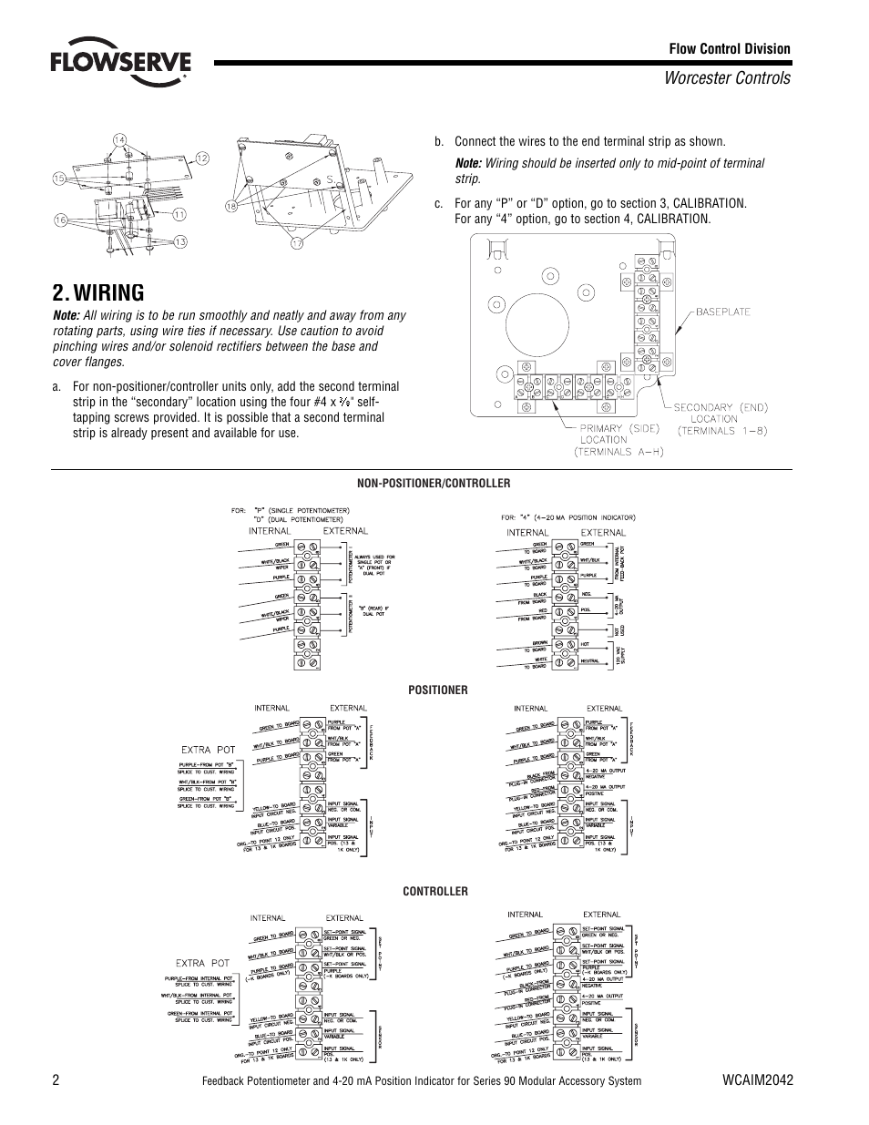 Wiring, Worcester controls | Flowserve 90 Series Feedback Potentiometer User Manual | Page 2 / 4