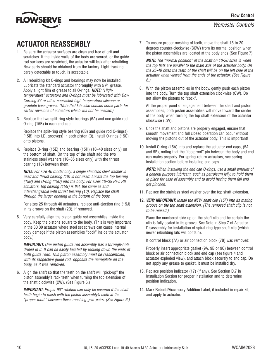 Actuator reassembly, Worcester controls | Flowserve 10 ACCESS I Worcester Controls User Manual | Page 10 / 16
