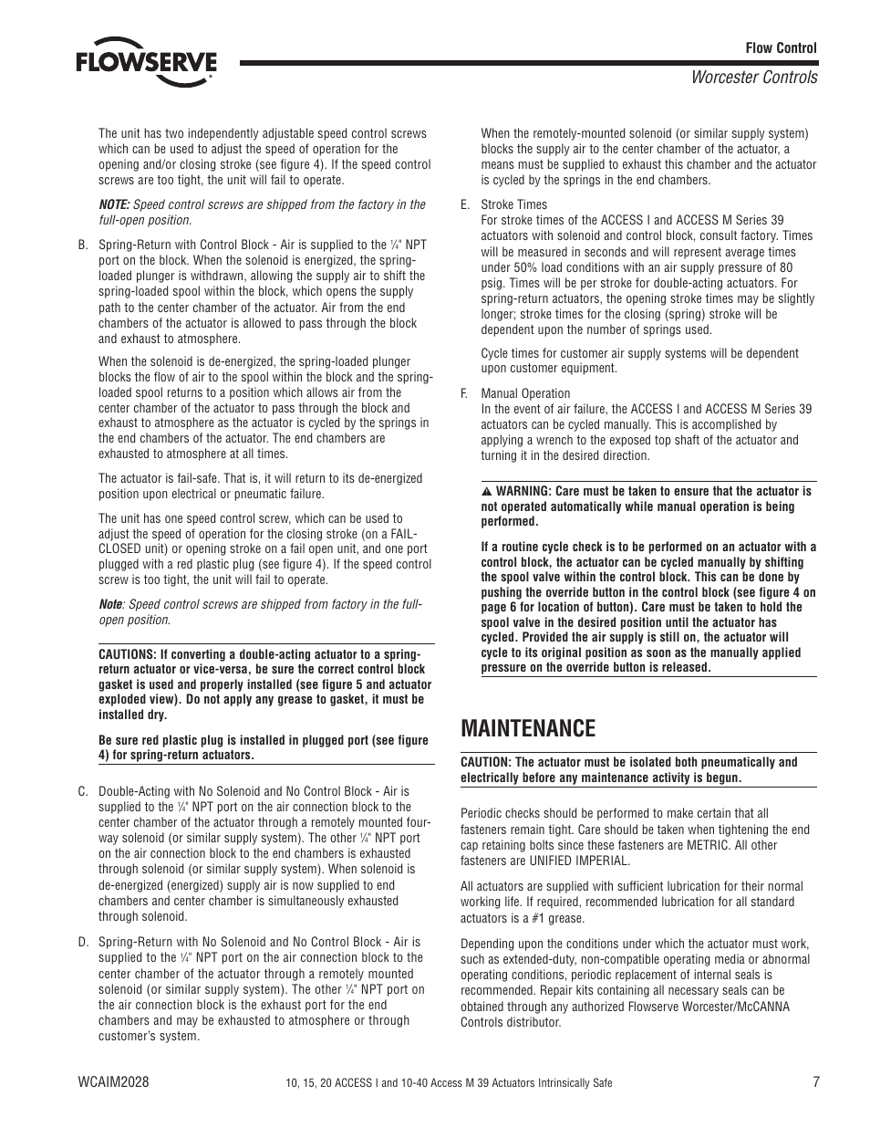 Maintenance, Worcester controls | Flowserve 10 ACCESS I Worcester Controls User Manual | Page 7 / 16