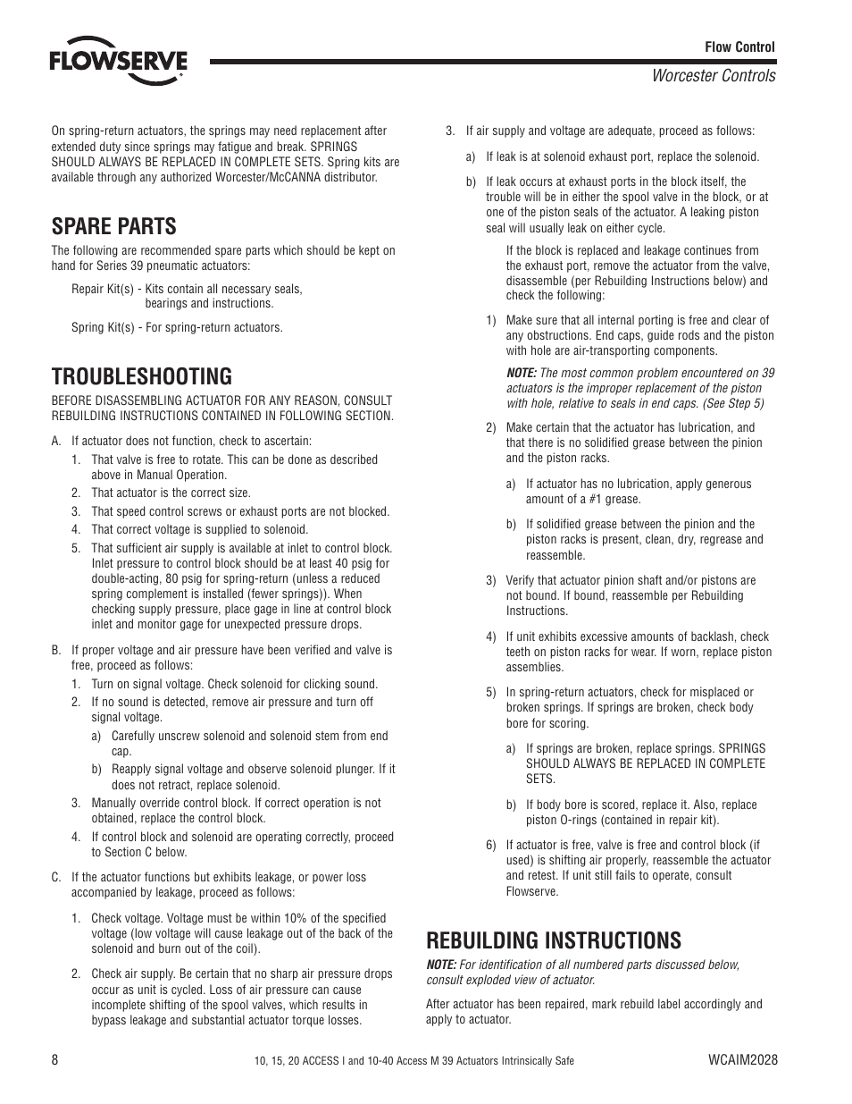 Spare parts, Troubleshooting, Rebuilding instructions | Worcester controls | Flowserve 10 ACCESS I Worcester Controls User Manual | Page 8 / 16