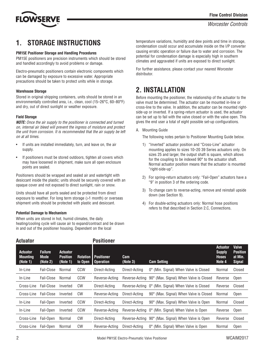 Storage instructions, Installation, Worcester controls | Actuator positioner | Flowserve PM15E Electro-Pneumatic Valve Positioner User Manual | Page 2 / 12