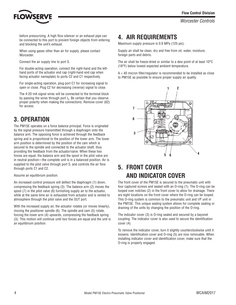 Operation, Air requirements, Front cover and indicator cover | Worcester controls | Flowserve PM15E Electro-Pneumatic Valve Positioner User Manual | Page 4 / 12