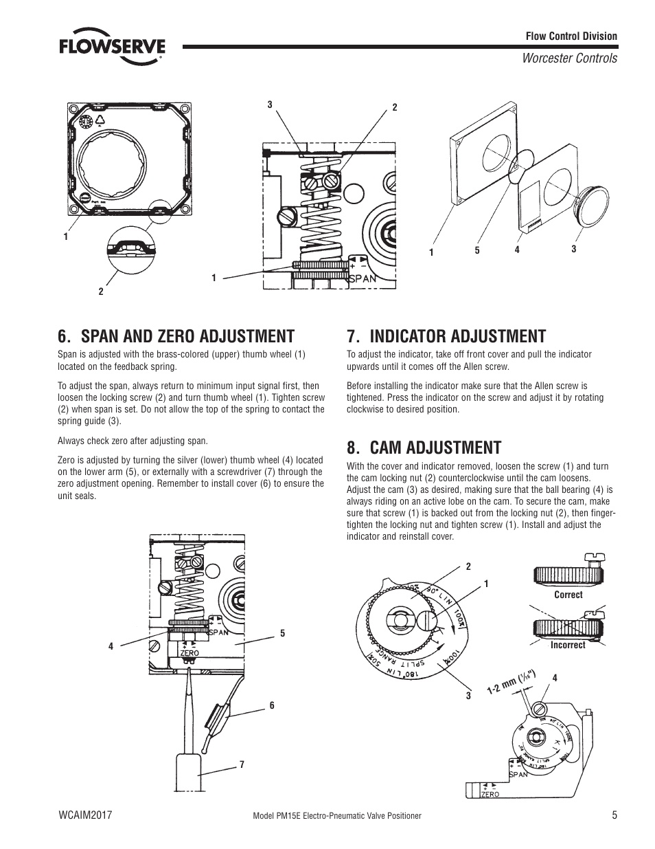 Span and zero adjustment, Indicator adjustment, Cam adjustment | Worcester controls | Flowserve PM15E Electro-Pneumatic Valve Positioner User Manual | Page 5 / 12