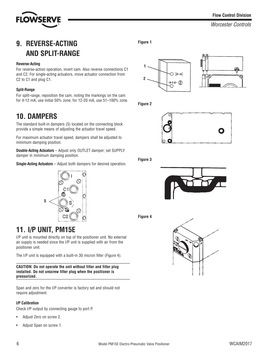 Reverse-acting and split-range, Dampers, I/p unit, pm15e | Worcester controls | Flowserve PM15E Electro-Pneumatic Valve Positioner User Manual | Page 6 / 12