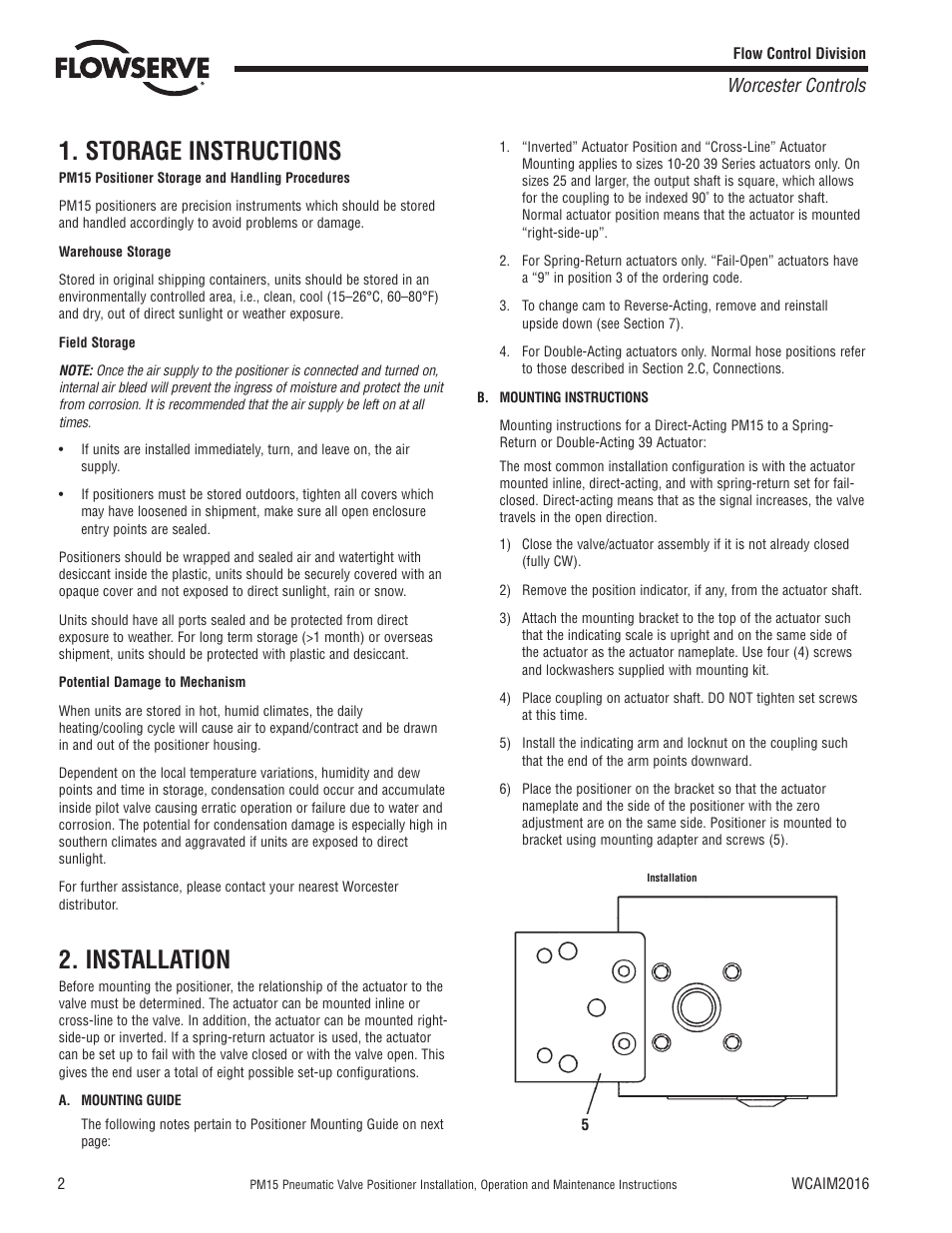 Storage instructions, Installation, Worcester controls | Flowserve PM15 Pneumatic Valve Positioner User Manual | Page 2 / 8