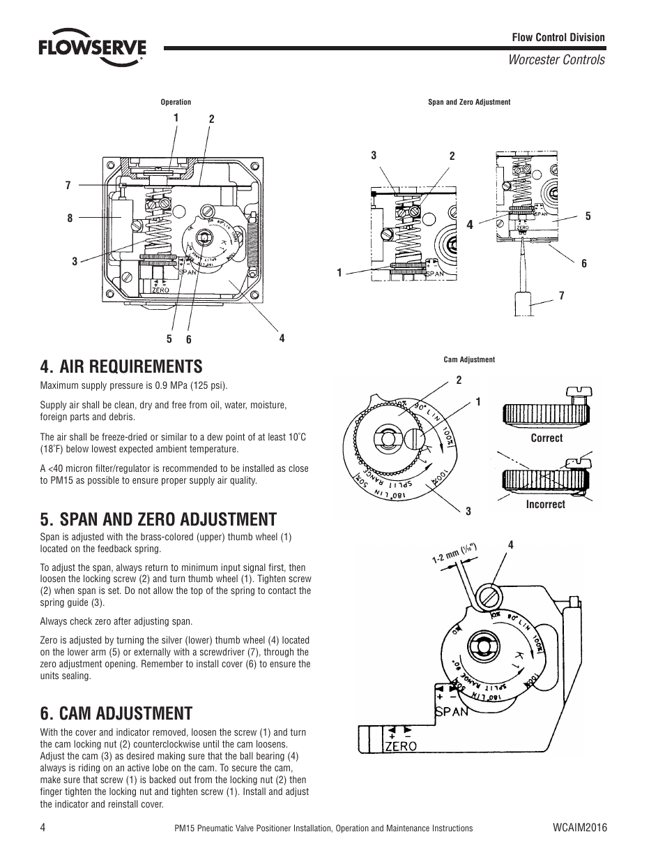Air requirements, Span and zero adjustment, Cam adjustment | Worcester controls | Flowserve PM15 Pneumatic Valve Positioner User Manual | Page 4 / 8