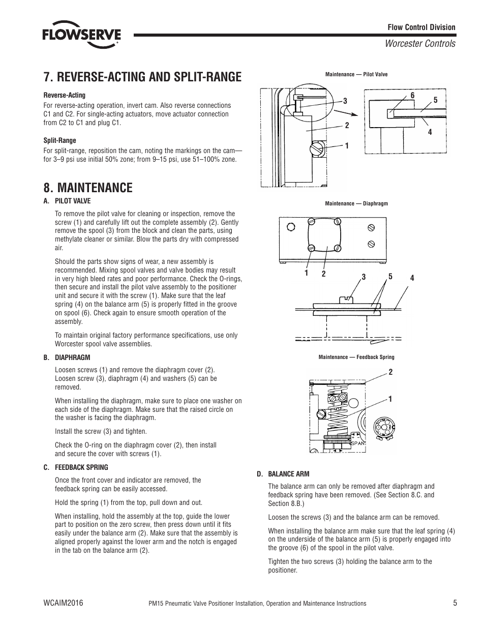 Reverse-acting and split-range, Maintenance, Worcester controls | Flowserve PM15 Pneumatic Valve Positioner User Manual | Page 5 / 8