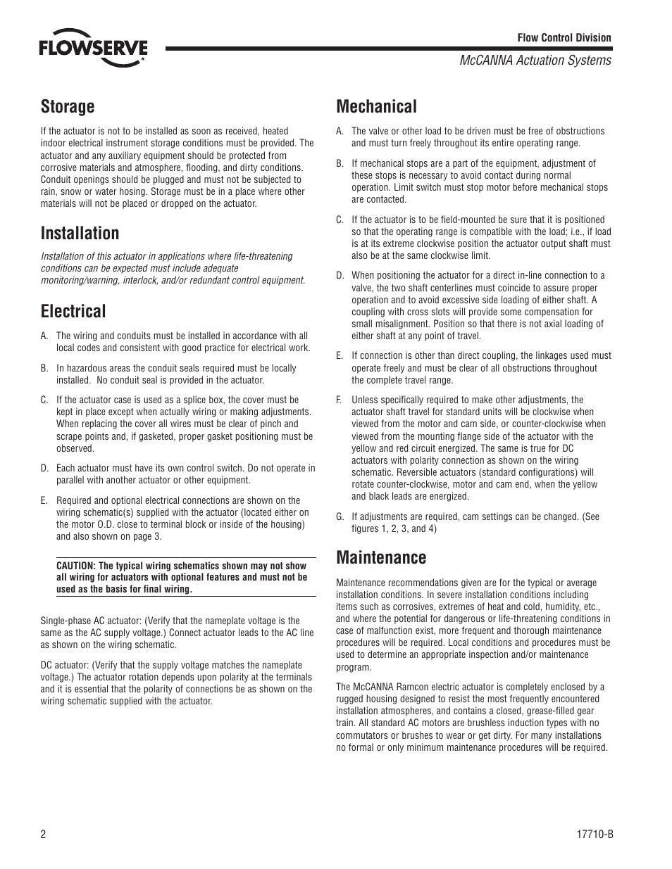 Storage, Installation, Electrical | Mechanical, Maintenance | Flowserve Ramcon Series Electric Actuators User Manual | Page 2 / 8