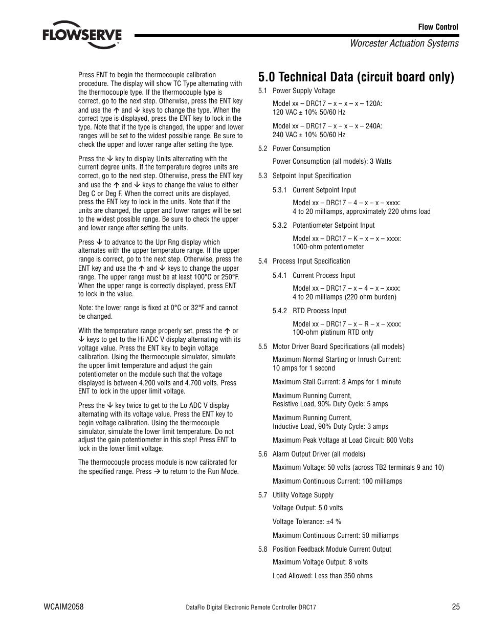 0 technical data (circuit board only), Worcester actuation systems | Flowserve DRC-17 User Manual | Page 25 / 28