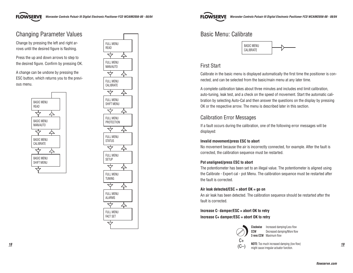 Changing parameter values, Basic menu: calibrate, First start | Calibration error messages | Flowserve Pulsair III Digital User Manual | Page 10 / 32