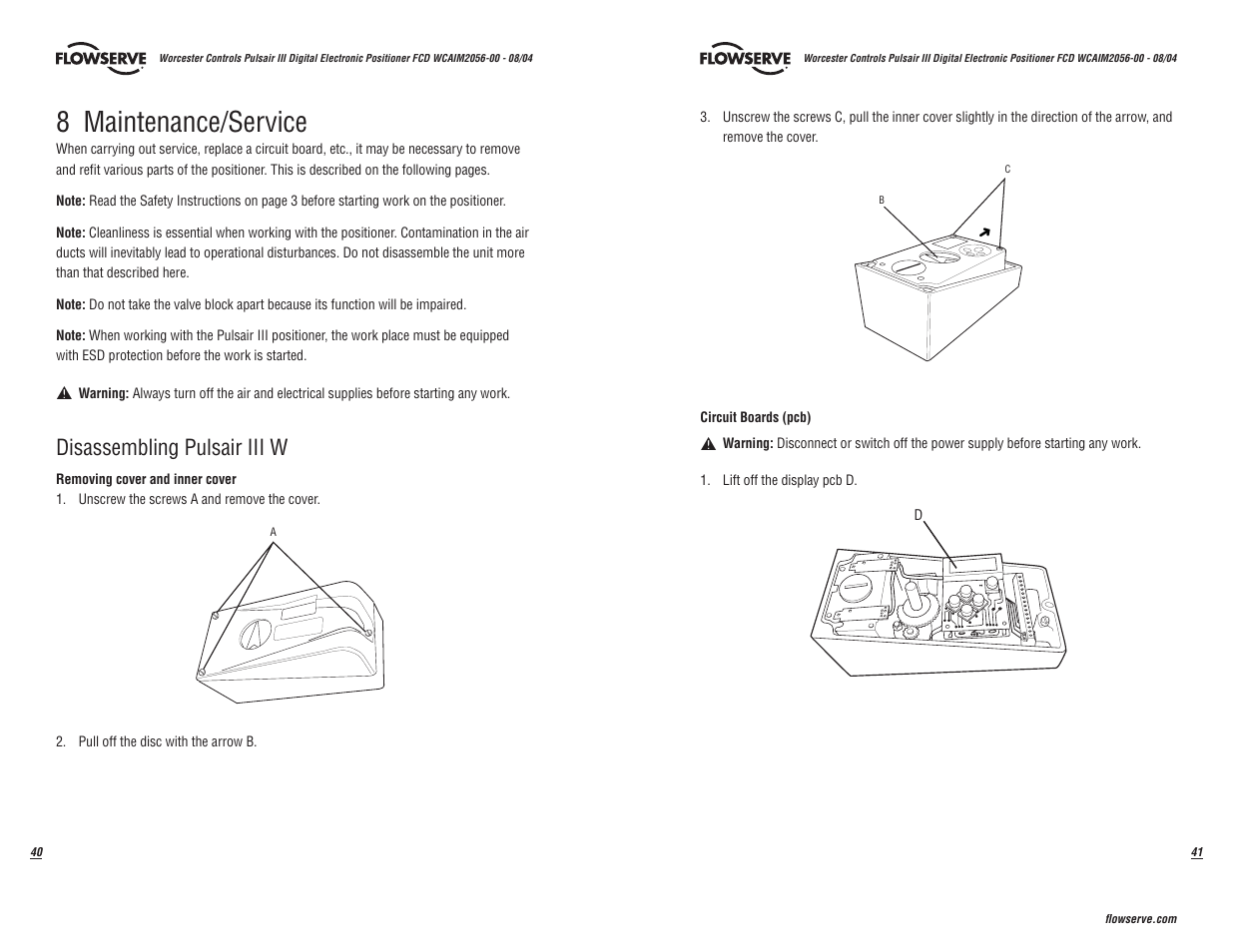 8 maintenance/service, Disassembling pulsair iii w | Flowserve Pulsair III Digital User Manual | Page 21 / 32