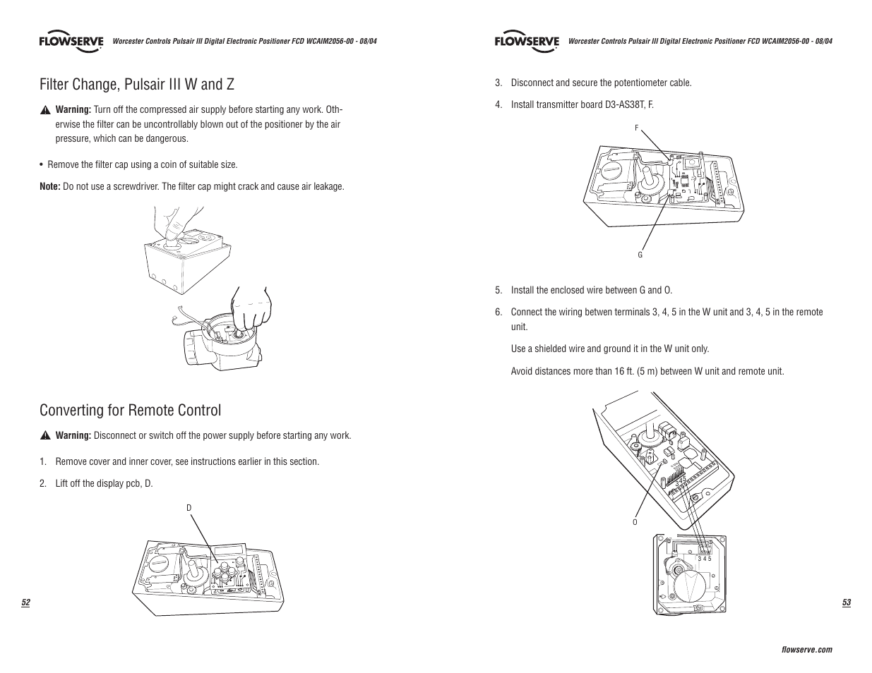 Filter change, pulsair iii w and z, Converting for remote control | Flowserve Pulsair III Digital User Manual | Page 27 / 32