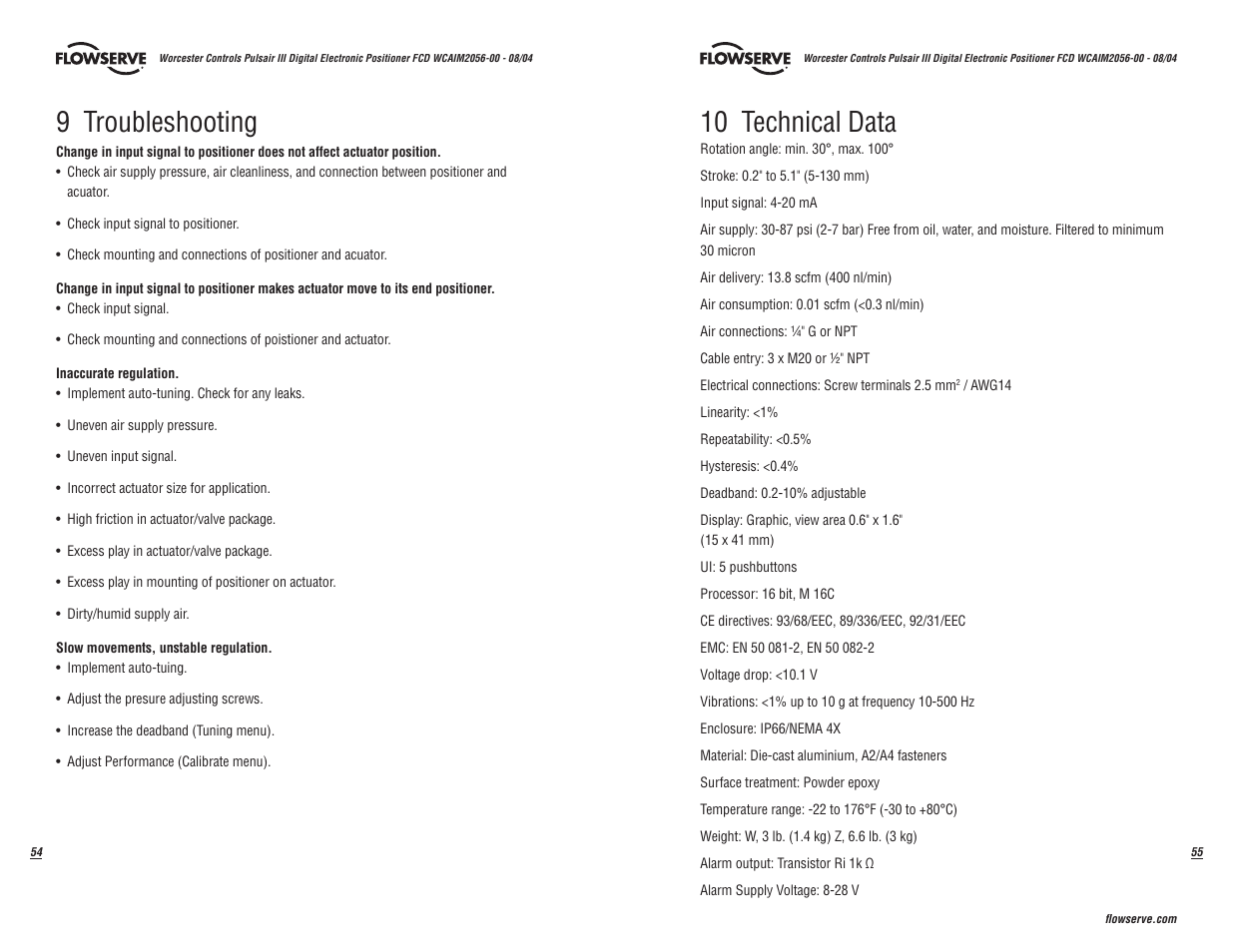 9 troubleshooting, 10 technical data | Flowserve Pulsair III Digital User Manual | Page 28 / 32