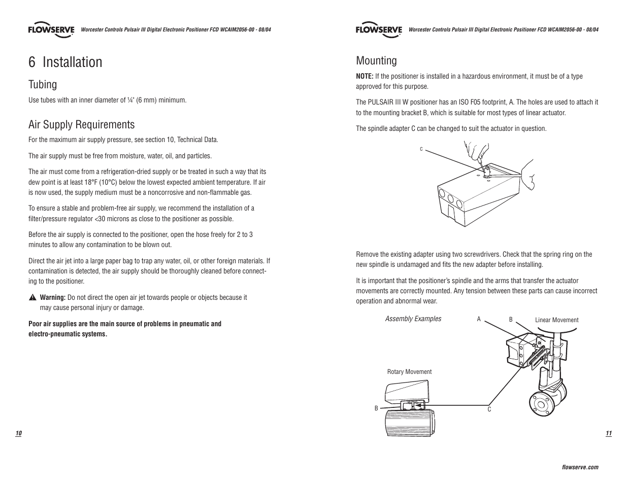 6 installation, Tubing, Air supply requirements | Mounting | Flowserve Pulsair III Digital User Manual | Page 6 / 32