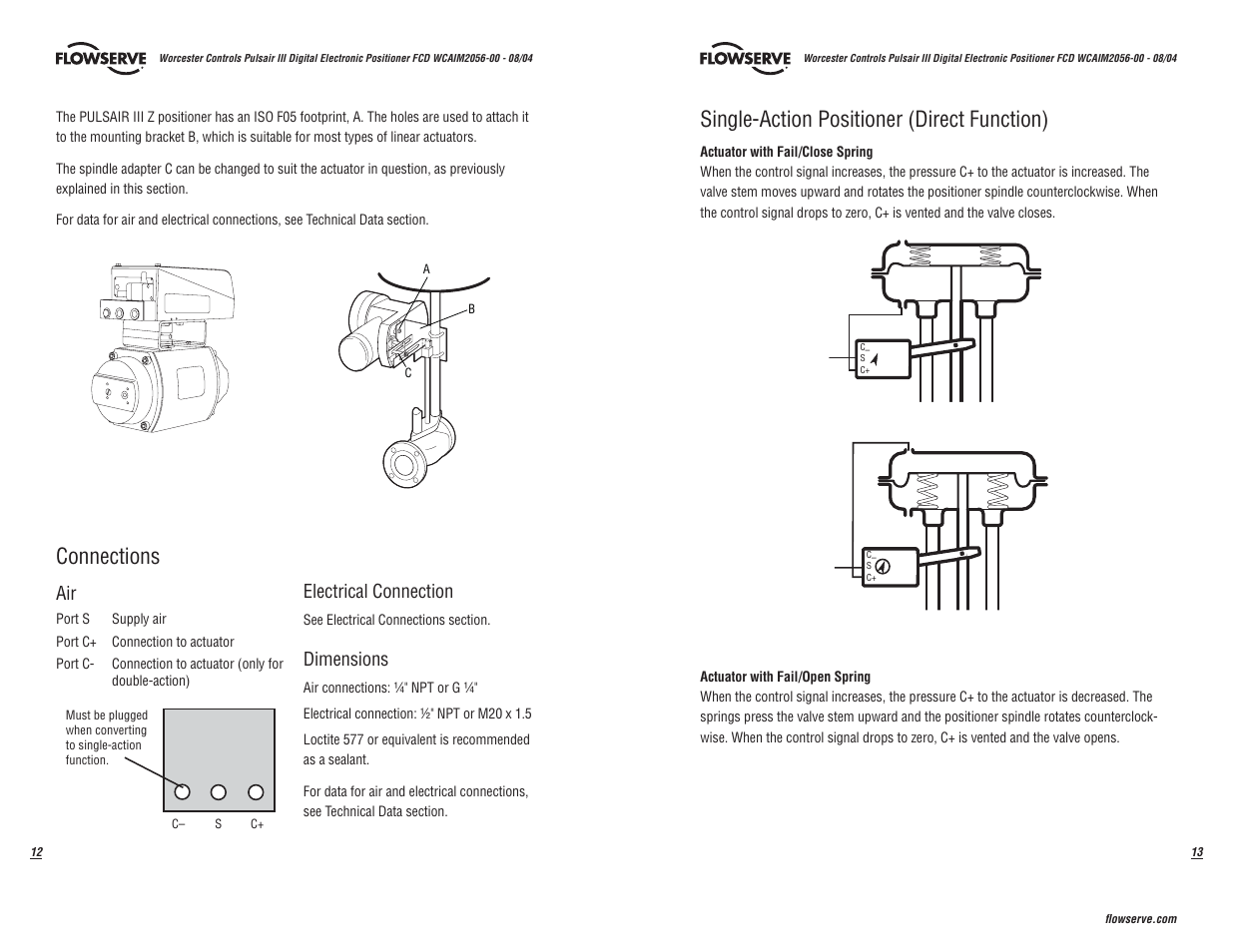 Single-action positioner (direct function), Connections, Electrical connection | Dimensions | Flowserve Pulsair III Digital User Manual | Page 7 / 32