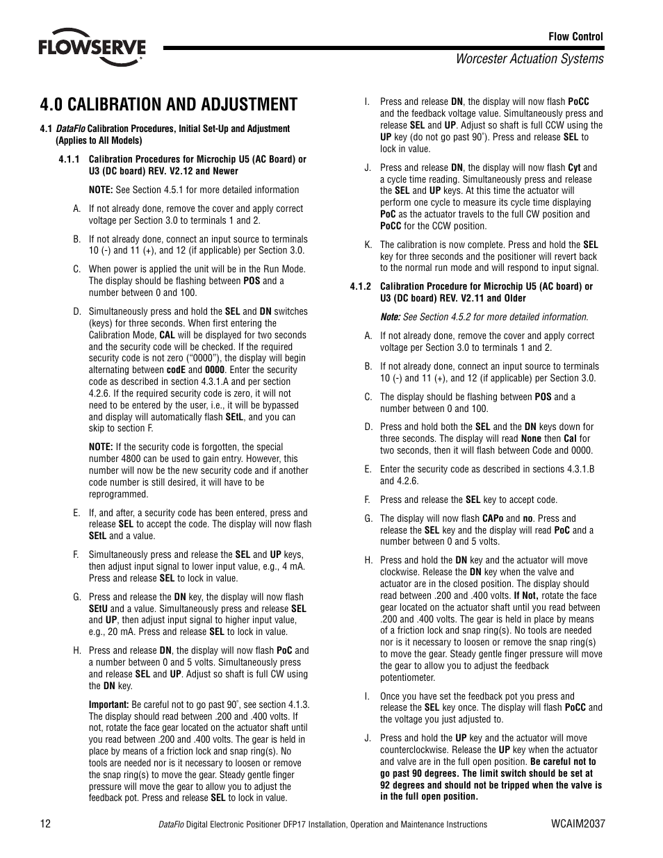 0 calibration and adjustment, Worcester actuation systems | Flowserve DFP17 User Manual | Page 12 / 32