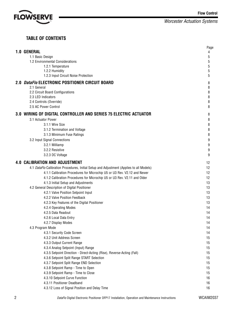 Worcester actuation systems table of contents | Flowserve DFP17 User Manual | Page 2 / 32