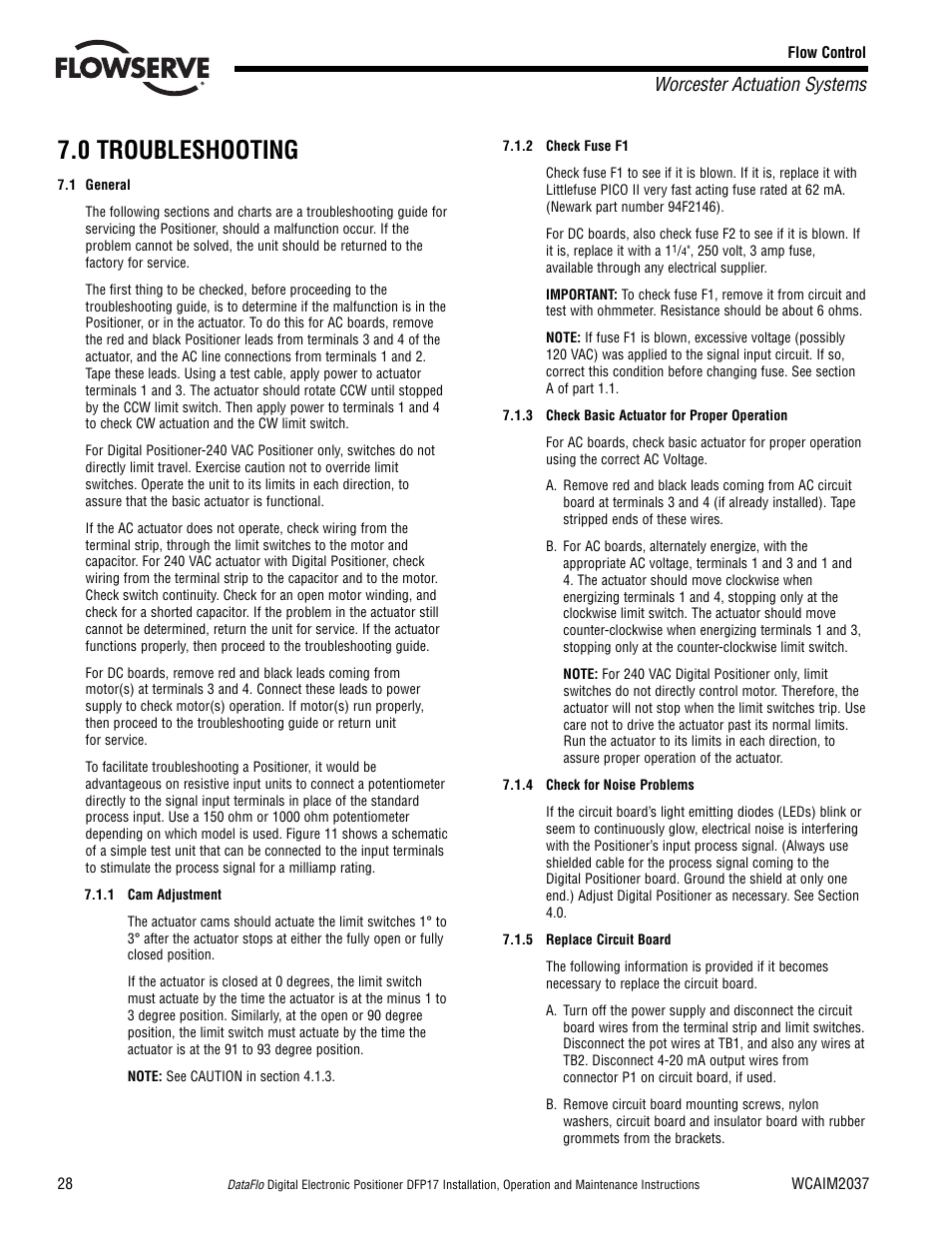 0 troubleshooting, Worcester actuation systems | Flowserve DFP17 User Manual | Page 28 / 32