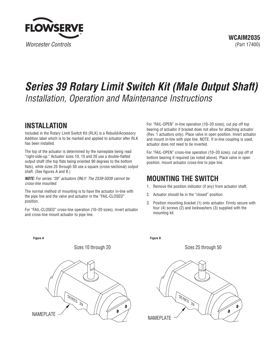 Flowserve 39 Series Rotary Limit Switch Kit User Manual | 2 pages