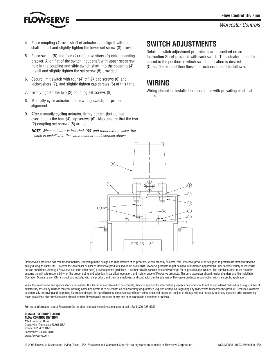 Switch adjustments, Wiring, Worcester controls | Flowserve 39 Series Rotary Limit Switch Kit User Manual | Page 2 / 2