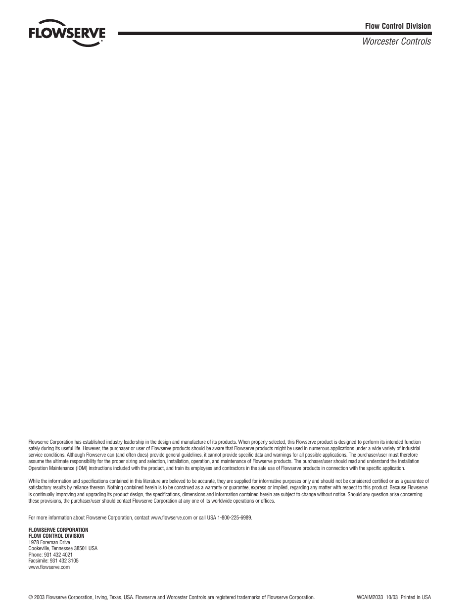Worcester controls | Flowserve I90 Series Intrinsically Safe Modular Accessory System User Manual | Page 16 / 16
