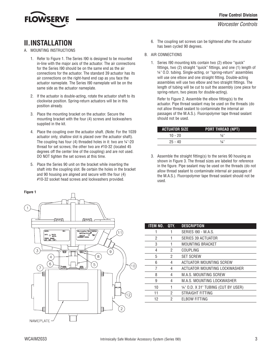 Ii.installation, Worcester controls | Flowserve I90 Series Intrinsically Safe Modular Accessory System User Manual | Page 3 / 16