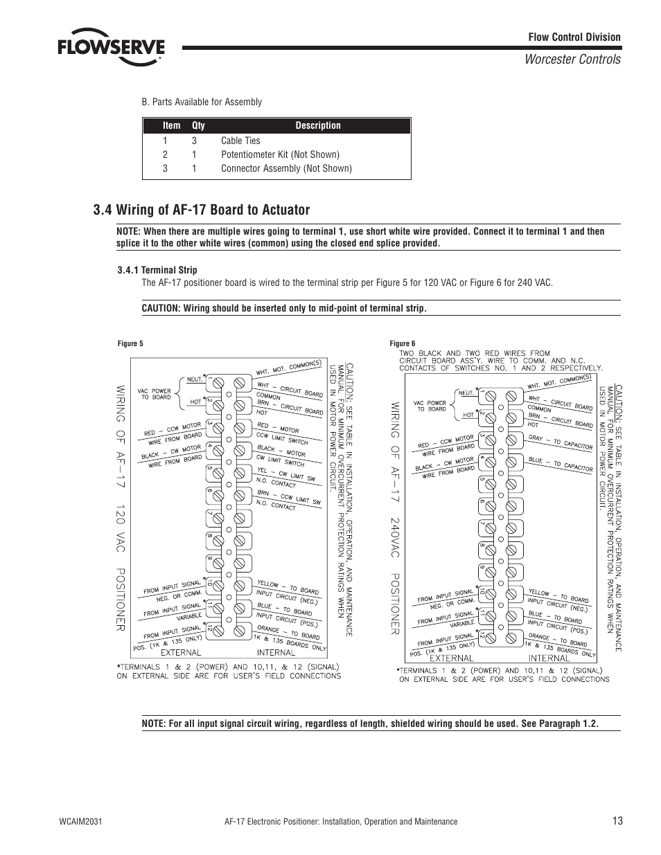 4 wiring of af-17 board to actuator, Worcester controls | Flowserve AF-17 Electronic Positioner User Manual | Page 13 / 28