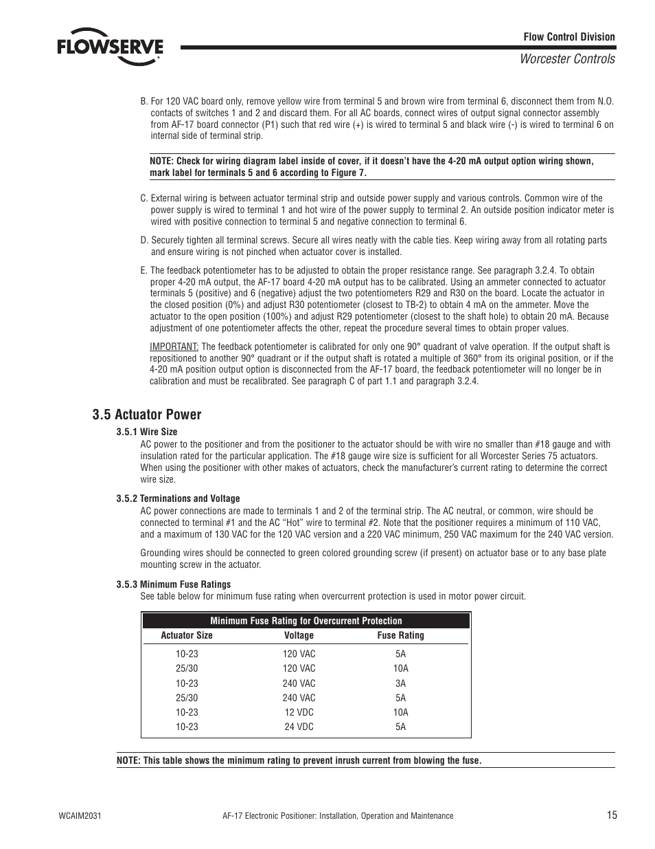 5 actuator power, Worcester controls | Flowserve AF-17 Electronic Positioner User Manual | Page 15 / 28
