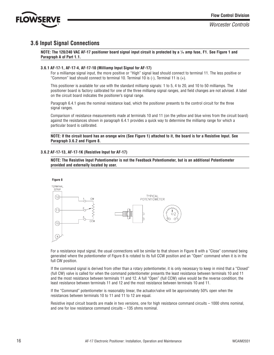 6 input signal connections, Worcester controls | Flowserve AF-17 Electronic Positioner User Manual | Page 16 / 28