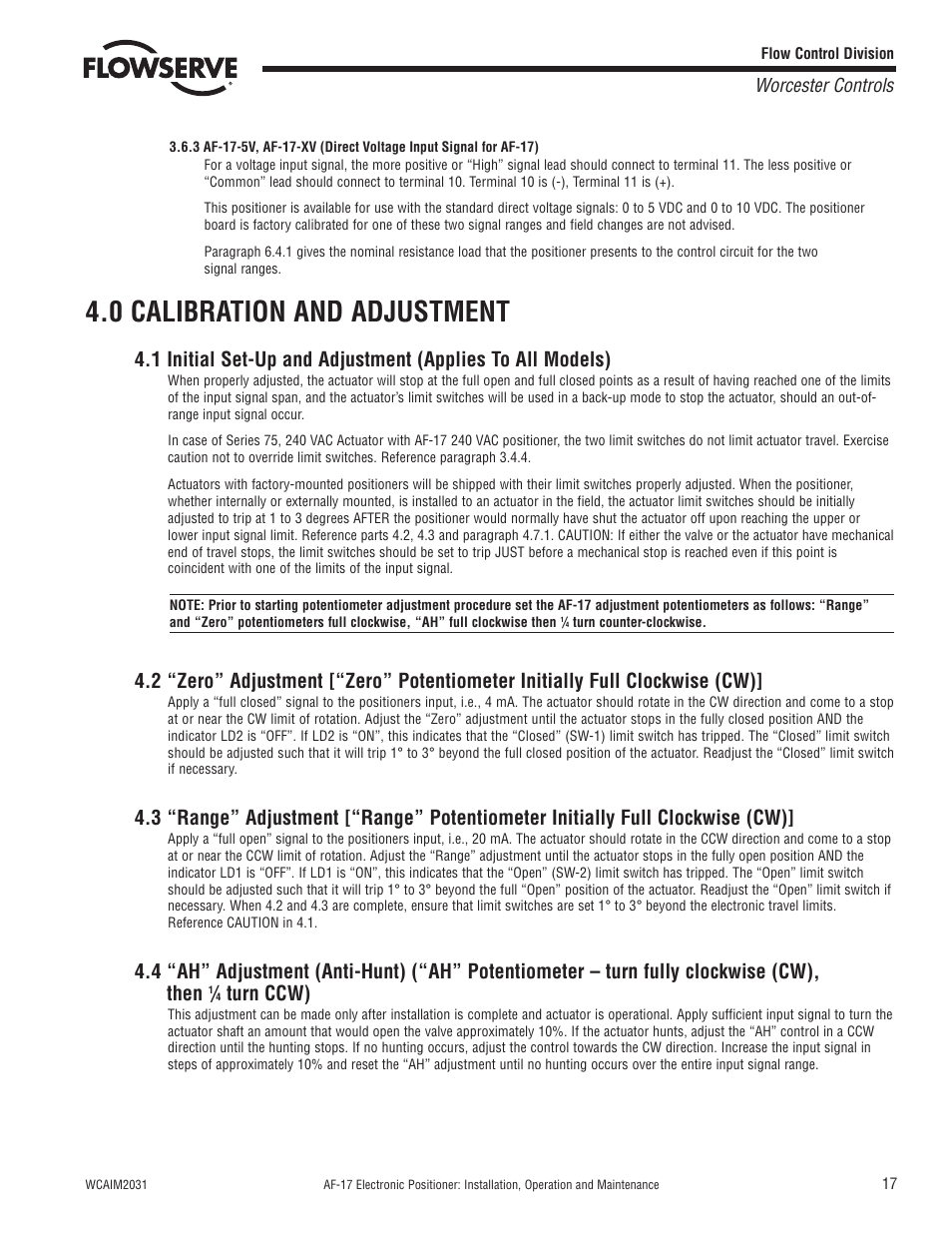 0 calibration and adjustment, Turn ccw) | Flowserve AF-17 Electronic Positioner User Manual | Page 17 / 28