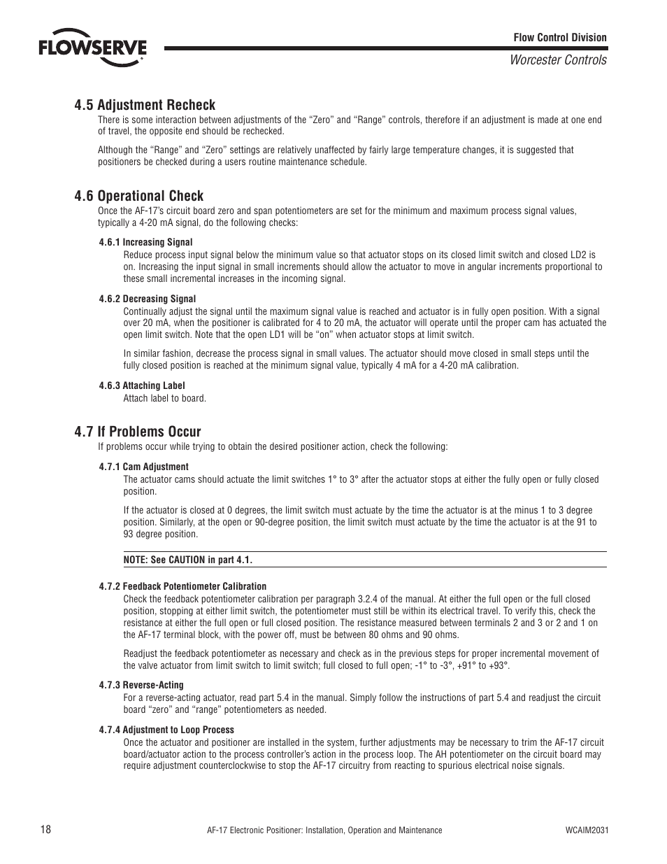 5 adjustment recheck, 6 operational check, 7 if problems occur | Flowserve AF-17 Electronic Positioner User Manual | Page 18 / 28