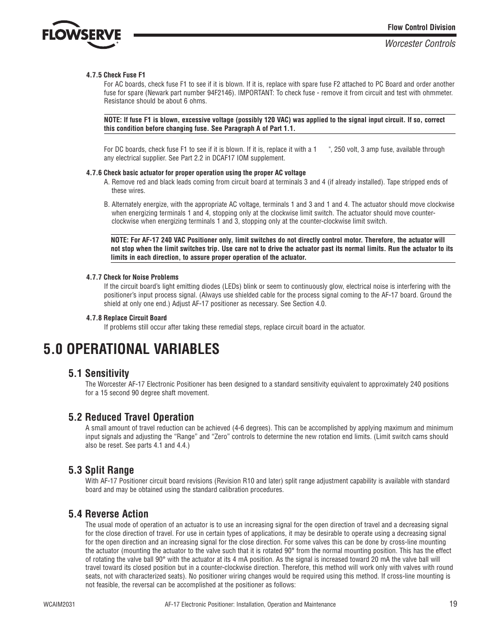 0 operational variables, 1 sensitivity, 2 reduced travel operation | 3 split range, 4 reverse action | Flowserve AF-17 Electronic Positioner User Manual | Page 19 / 28