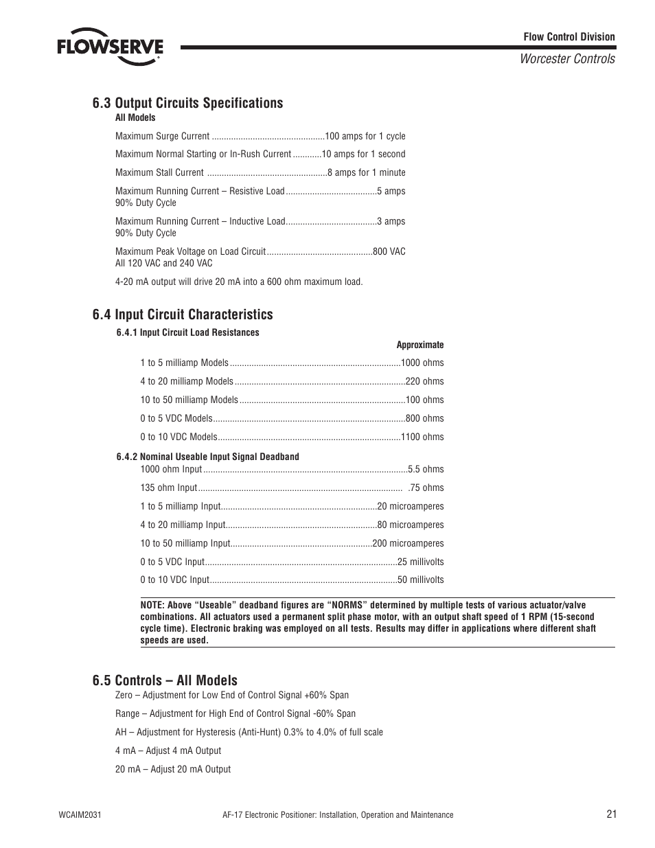 3 output circuits specifications, 4 input circuit characteristics, 5 controls – all models | Worcester controls | Flowserve AF-17 Electronic Positioner User Manual | Page 21 / 28