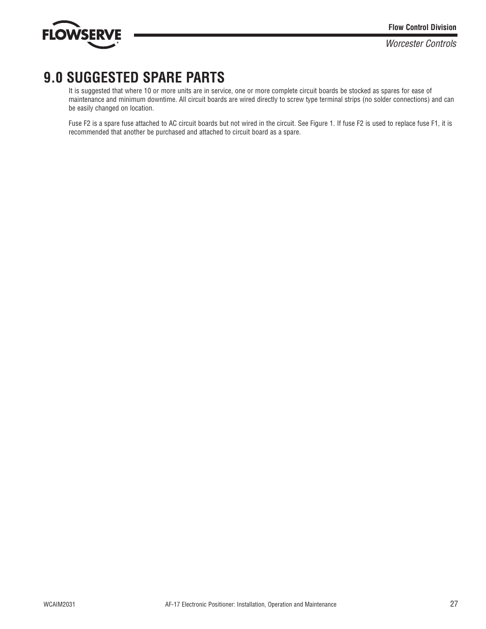 0 suggested spare parts | Flowserve AF-17 Electronic Positioner User Manual | Page 27 / 28