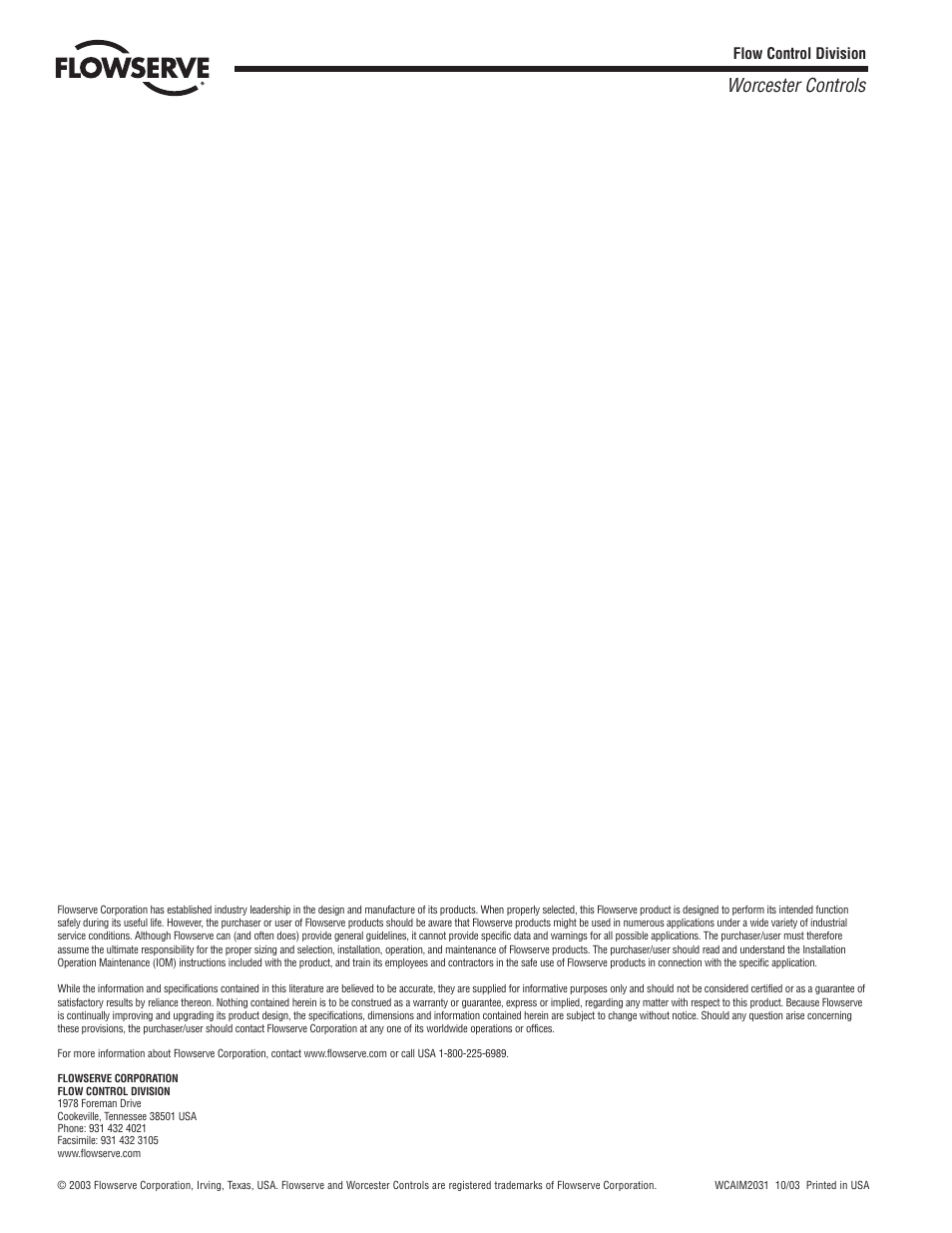 Worcester controls | Flowserve AF-17 Electronic Positioner User Manual | Page 28 / 28