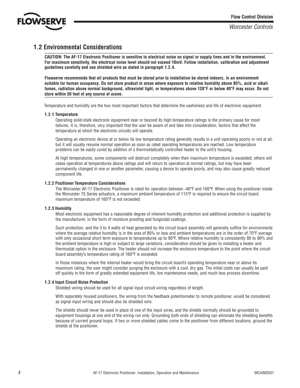 2 environmental considerations, Worcester controls | Flowserve AF-17 Electronic Positioner User Manual | Page 4 / 28