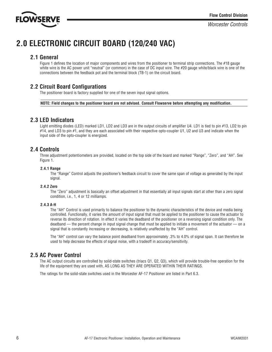 1 general, 2 circuit board configurations, 3 led indicators | 4 controls, 5 ac power control | Flowserve AF-17 Electronic Positioner User Manual | Page 6 / 28