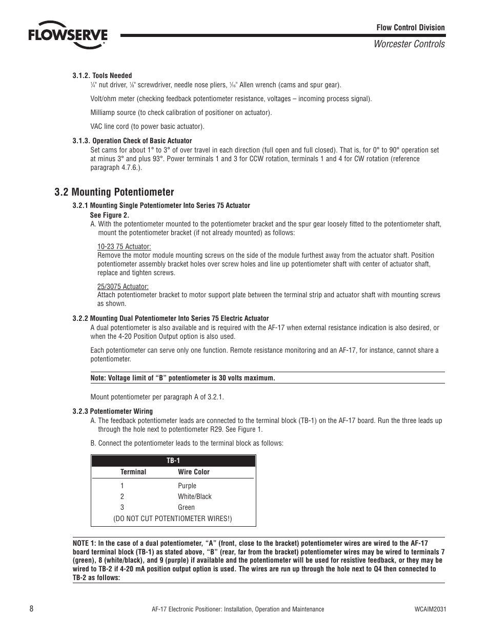 2 mounting potentiometer, Worcester controls | Flowserve AF-17 Electronic Positioner User Manual | Page 8 / 28