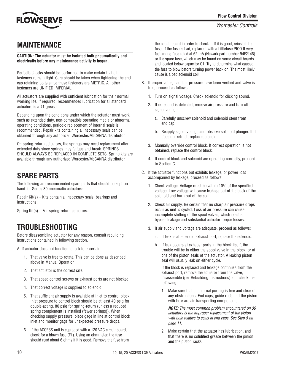 Maintenance, Spare parts, Troubleshooting | Worcester controls | Flowserve 10 ACCESS I 39 Actuators User Manual | Page 10 / 16