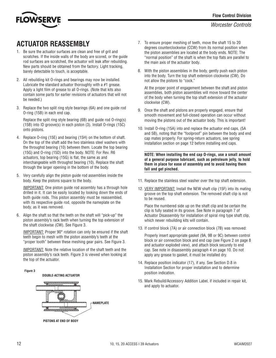 Actuator reassembly, Worcester controls | Flowserve 10 ACCESS I 39 Actuators User Manual | Page 12 / 16