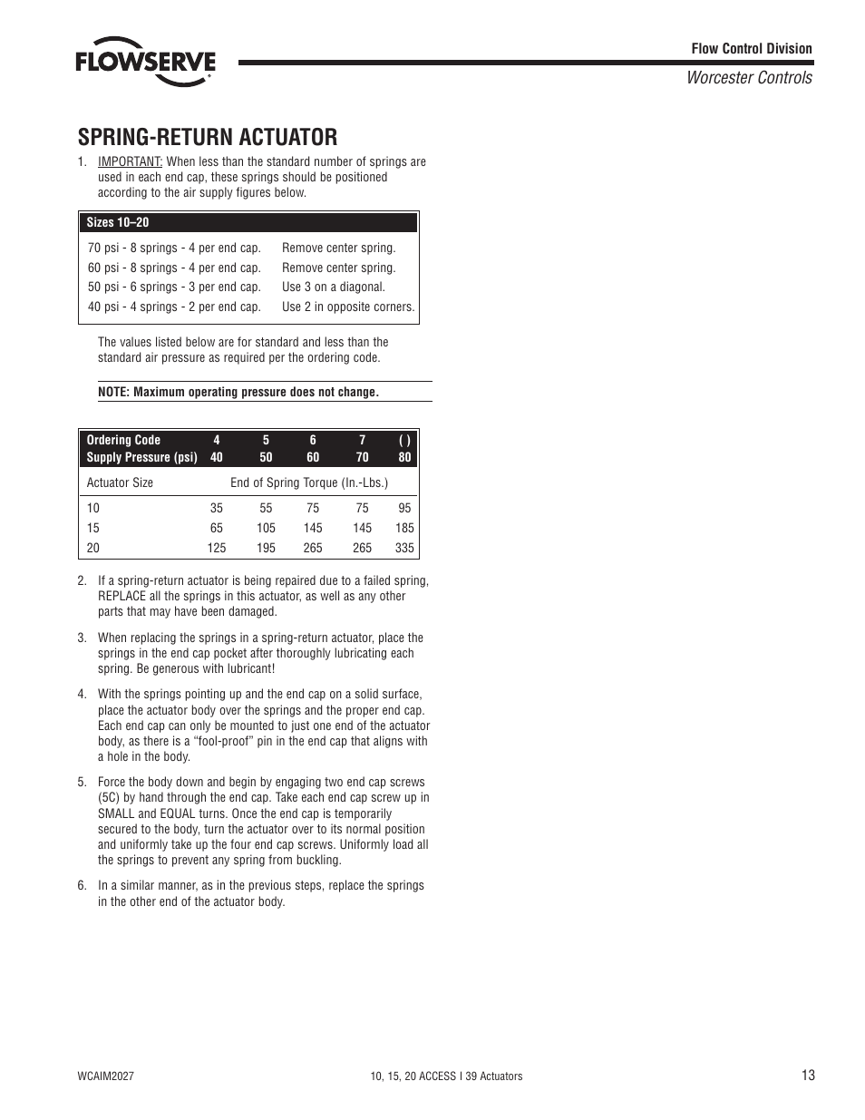 Spring-return actuator, Worcester controls | Flowserve 10 ACCESS I 39 Actuators User Manual | Page 13 / 16