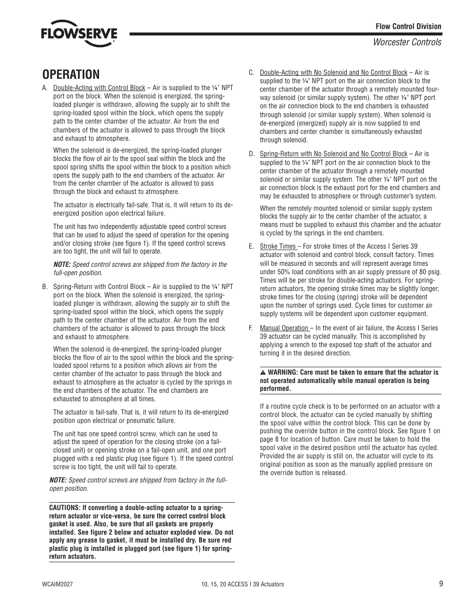 Operation, Worcester controls | Flowserve 10 ACCESS I 39 Actuators User Manual | Page 9 / 16