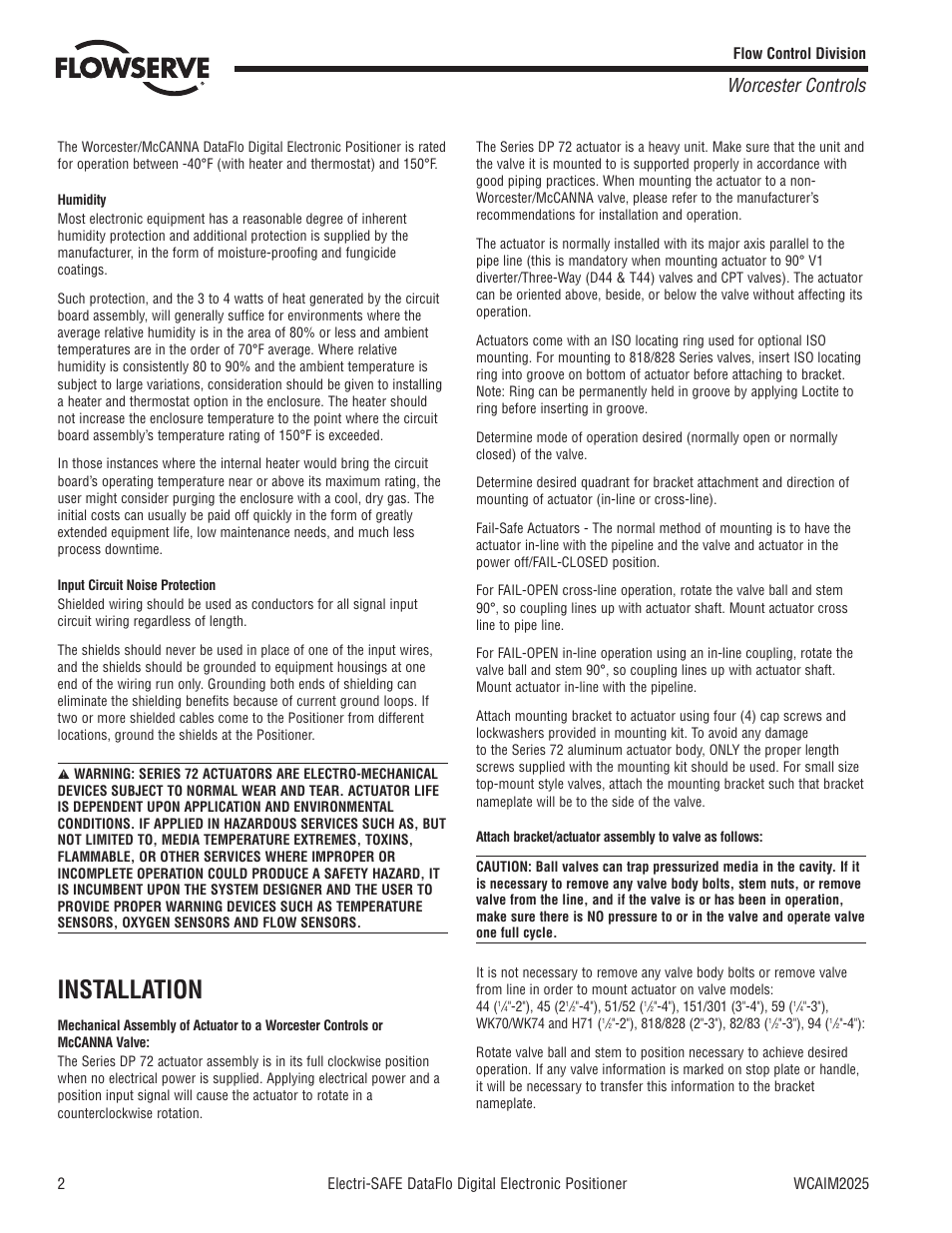 Installation, Worcester controls | Flowserve Electri-SAFE DataFlo Digital Electronic Positioner User Manual | Page 2 / 8